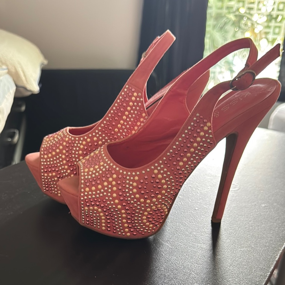 Pink Studded Platform Slingback Heels